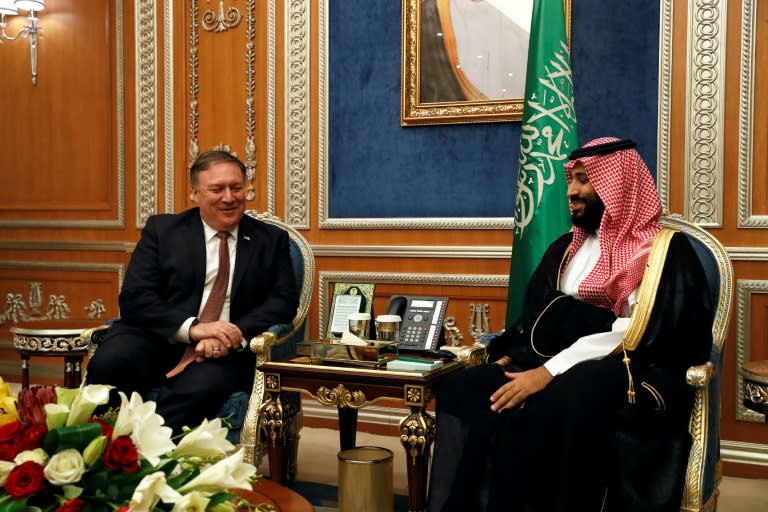 US Secretary of State Mike Pompeo (L) meets with Saudi Crown Prince Mohammed bin Salman in Riyadh, on October 16