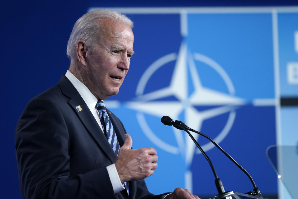 President Joe Biden speaks during a news conference at the NATO summit at NATO headquarters in Brussels, Monday, June 14, 2021. (Patrick Semansky/AP)