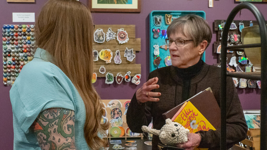 Gov. Laura Kelly visits Trox Gallery during an April 25, 2024, tour of Emporia main street businesses
