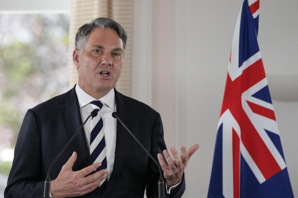 Deputy Prime Minister of Australia and Minister for Defense Richard Marles speaks during a joint press conference with French Defense Minister Sebastien Lecornu Thursday, Sept. 1, 2022 in Brest, Brittany. After coming to power in May elections, Australian Prime Minister Anthony Albanese's Labor Party government announced it had agreed to pay France's Naval Group a 555-million-euro ($583 million) settlement for breaking the contract for French-made diesel-electric submarines. (AP Photo/Francois Mori)