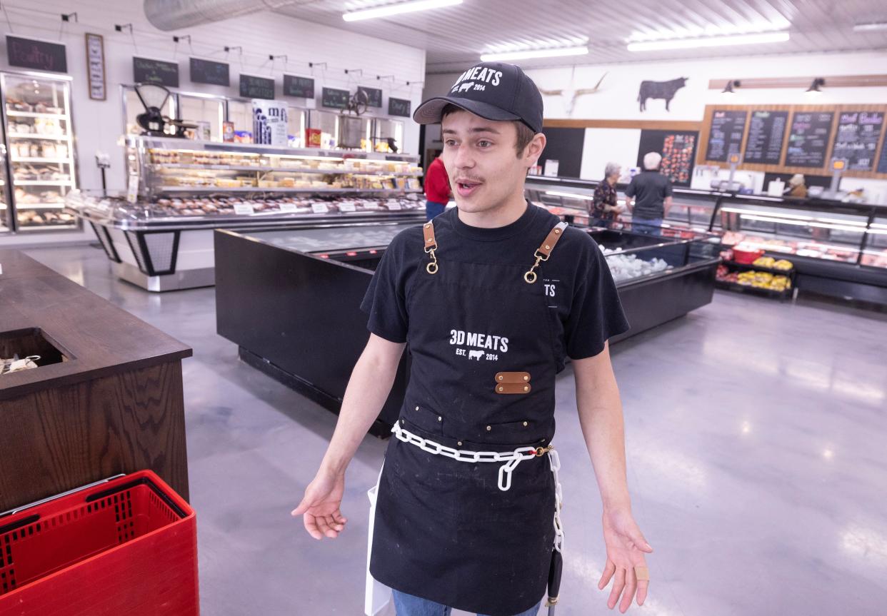 3D Meats manager Logan Haer talks Tuesday about the company's expansion later this year to the former Discount Outlet store in Massillon. The meat shop is based in Dalton and plans to add 20 to 30 retail jobs in Massillon by this fall.