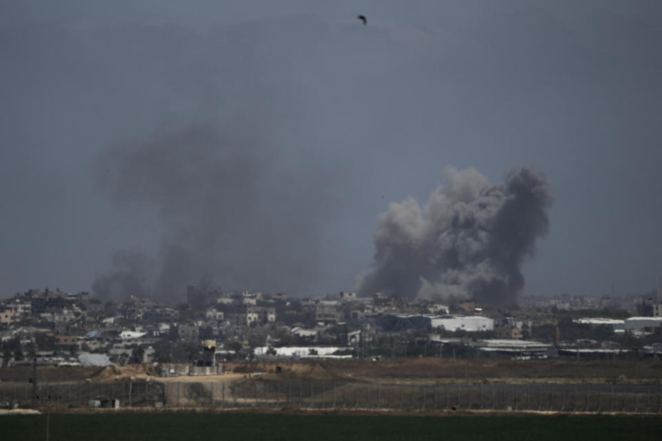 Smoke rises following an Israeli airstrike in the Gaza Strip, as seen from southern Israel, Thursday, May 16, 2024. (AP Photo/Leo Correa)