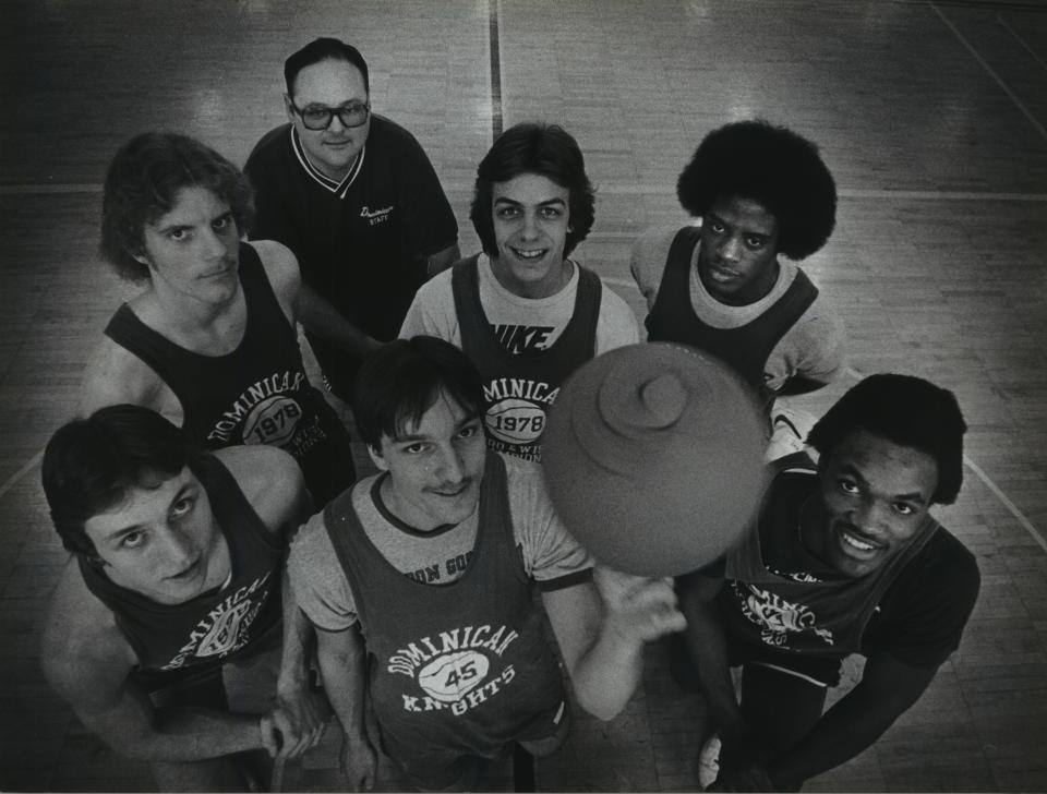 Dominican was shooting for its third straight title in 1980. Clockwise from top are: coach Don Gosz, Chris Neumann, Dannie Jones, Mark Moore, Joe Emmerich, Joe Guidinger and Mike Lemon.