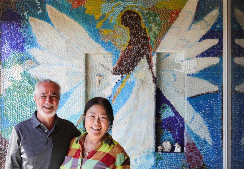 A mosaic angel decorates a balcony wall in the San Luis Obispo home owned by Bruce and Suki Mason, seen here on May 10, 2024. Suki created all the mosaic artwork in the house.