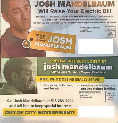 Mailings about Josh Mandelbaum hit Des Moines mailboxes a few days before the Nov. 7 mayoral election.