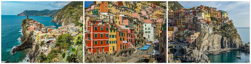 Three images showing the colorful towns of the Cinque Terre