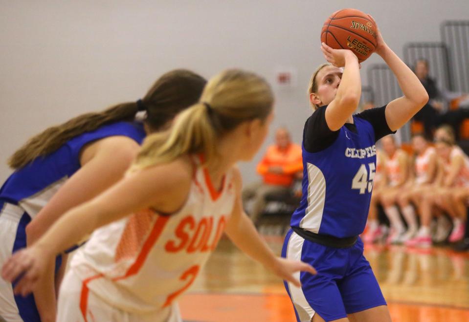 Clear Creek Amana’s Ava Locklear (45) dominated in the Clippers' win over Solon on Tuesday.