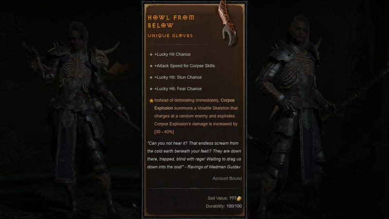 A composite image shows stats for the Howl From Below gloves.