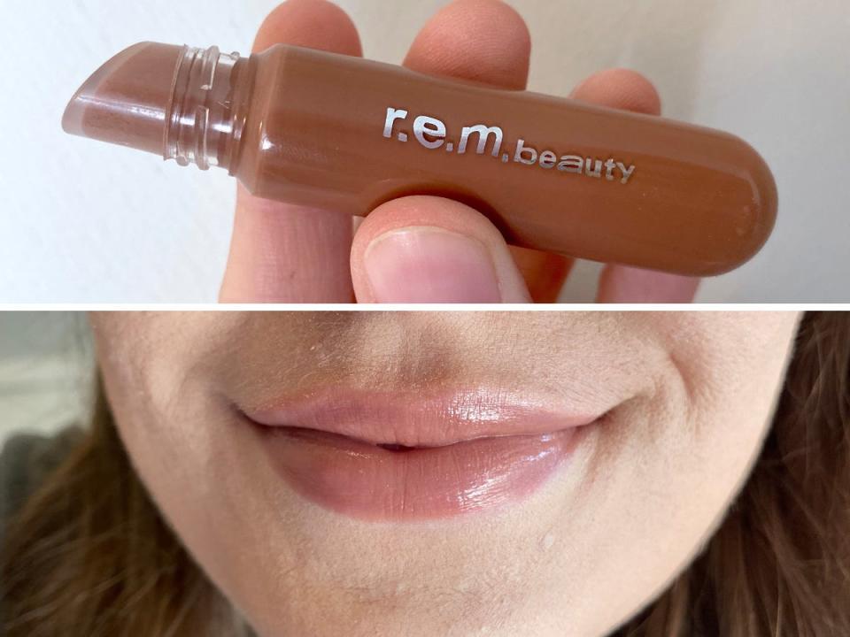 An REM Beauty lip gloss (left), and the gloss on the lips (right).