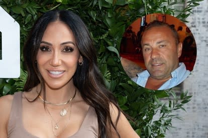 Composite of Melissa Gorga at a party and Joe Giudice in a casino.