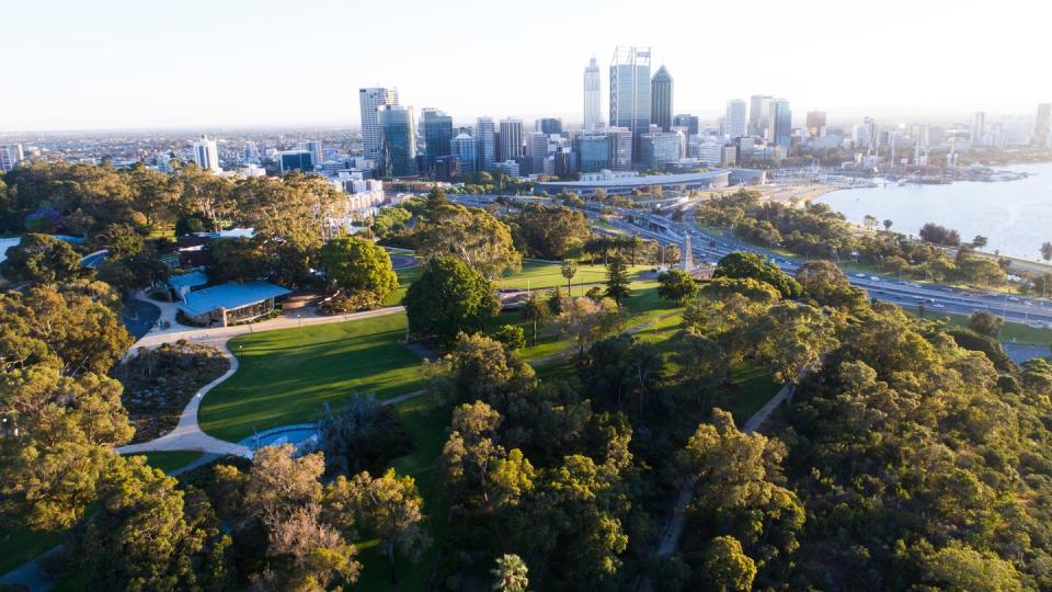 aerial view of kings park and botanical garden with perth city skyline in the background western australia