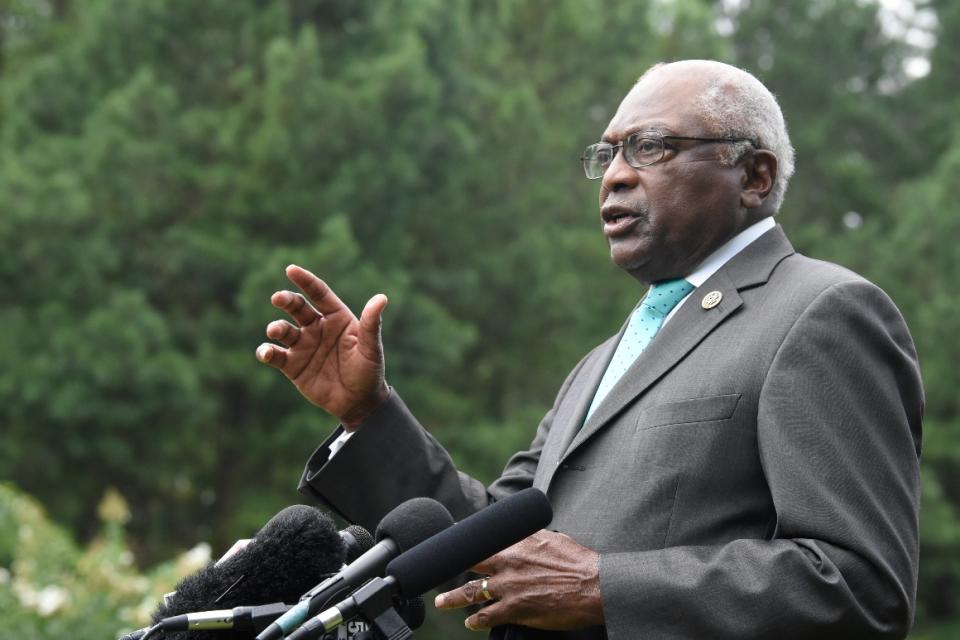 Rep. Jim Clyburn speaks with reporters on Tuesday, Aug. 18, 2020, in Eastover, S.C. 