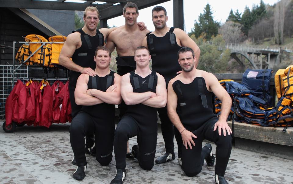 Haskell, Dylan Hartley, Simon Shaw, Chris Ashton, Nick Easter and Ben Foden of England pose after completing a white water raft run - GETTY IMAGES