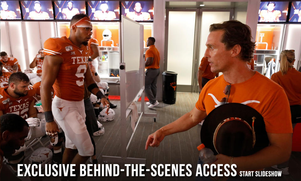 Actor Matthew McConaughey talks with members of the Texas Longhorns in the locker room at half time during the game against the LSU Tigers Saturday Sept. 7, 2019 at Darrell K Royal-Texas Memorial Stadium in Austin, Tx. ( Photo by Edward A. Ornelas )