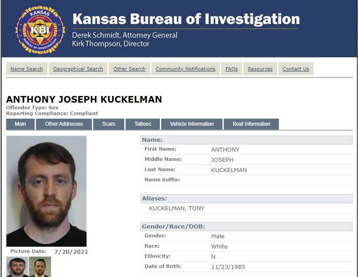 Anthony Kuckelman, a former chemistry and physics teacher at McLouth High School, is serving 32 months in a Kansas prison for unlawful sexual relations with a student, who was age 16 at the time. He is on the National Sex Offender Registry.