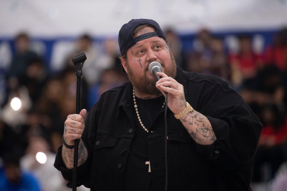 Jelly Roll speaks to students at Antioch High School in Antioch, Tenn., Wednesday, May 8, 2024. It was the first time Jelly Roll had returned to his former high school.