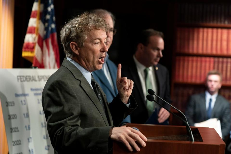 Sen. Rand Paul, R-Ky., from left, with Sens. Mike Braun, R-Ind., and Mike Lee, R-Utah, talks about debt ceiling during a news conference on Capitol Hill in Washington, Wednesday, Jan. 25, 2023.