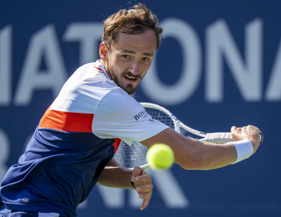 Daniil Medvedev, of Russian, prepares to hit a backhand to Lorenzo Musetti, of Italy, during the National Bank Open men’s tennis tournament Thursday, Aug. 10, 2023, in Toronto. (Frank Gunn/The Canadian Press via AP)