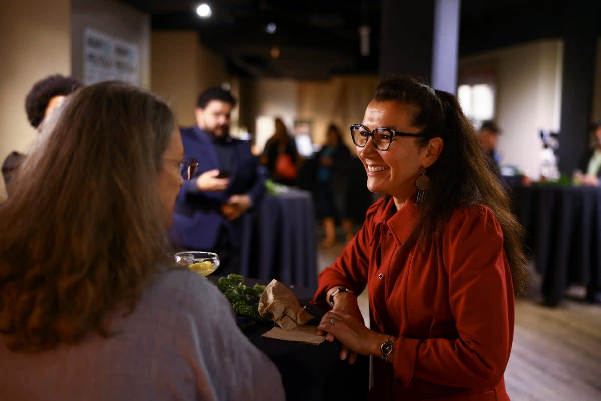 US House candidate Mary Peltola reacts at her campaign party at 49th State Brewing in Anchorage, Alaska, U.S. August 16, 2022 (REUTERS/Kerry Tasker)