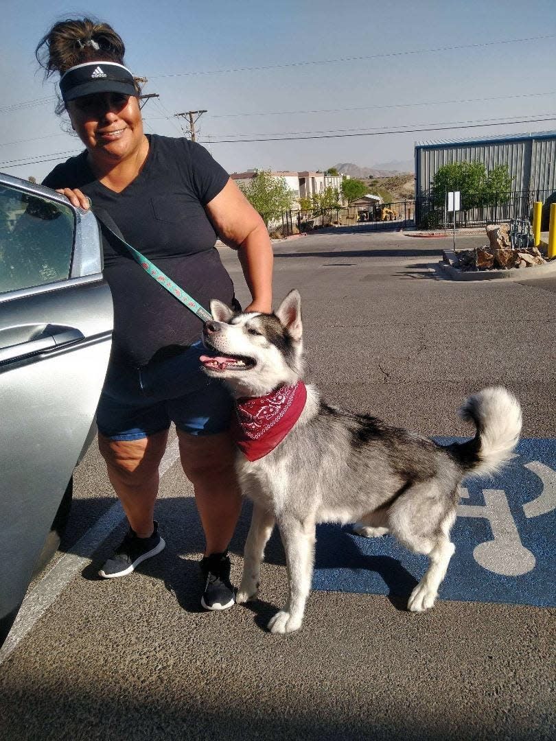 Graciela Rodriguez and her 3-year-old Malamute named Thor hold for a picture after leaving a dog spa earlier this year.