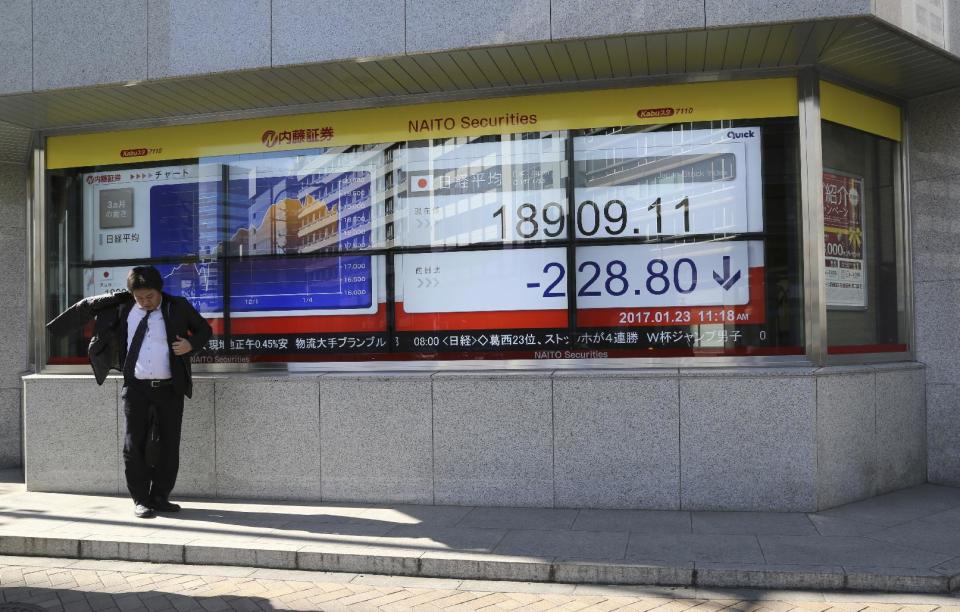 A man stands by an electronic stock board of a securities firm in Tokyo, Monday, Jan. 23, 2017. Japanese stocks tumbled Monday after Donald Trump took office as U.S. president and promised “American first” policies, prompting concern about possible protectionism. (AP Photo/Koji Sasahara)