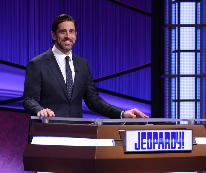 Aaron Rodgers at the lectern for his guest host sting on "Jeopardy!"