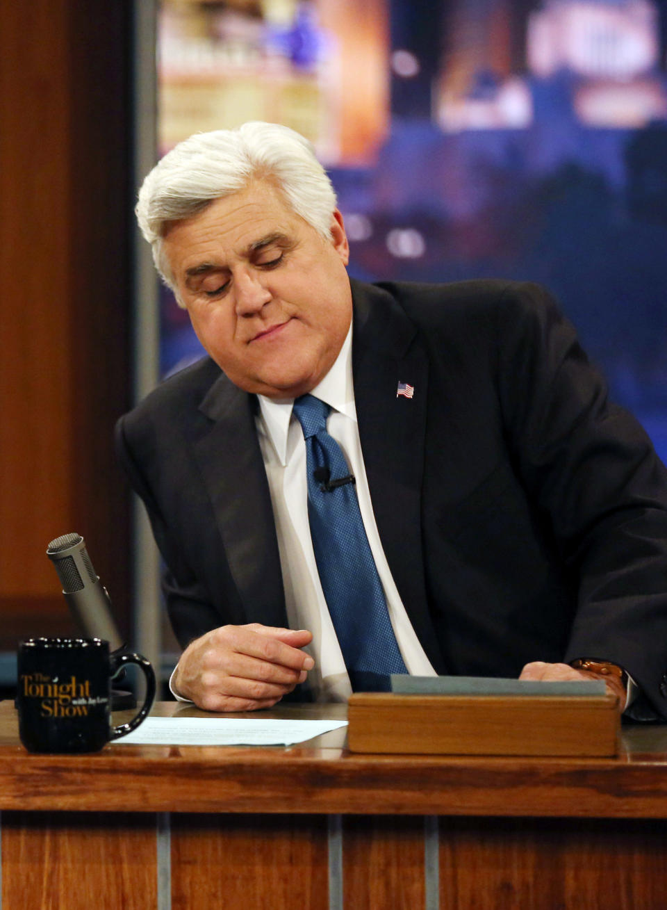 Jay Leno appears during the final taping of NBC's “The Tonight Show with Jay Leno," in Burbank, Calif., Thursday, Feb. 6, 2014. Leno brings his 22-year career as the show host to an end Thursday in a special one-hour farewell broadcast. (Photo by Matt Sayles/Invision/AP)