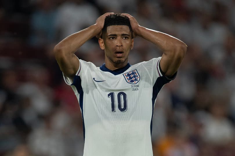 COLOGNE, GERMANY - JUNE 25: Jude Bellingham of England reacts during the UEFA EURO 2024 group stage match between England and Slovenia at Cologne Stadium on June 25, 2024 in Cologne, Germany. (Photo by Joe Prior/Visionhaus via Getty Images)