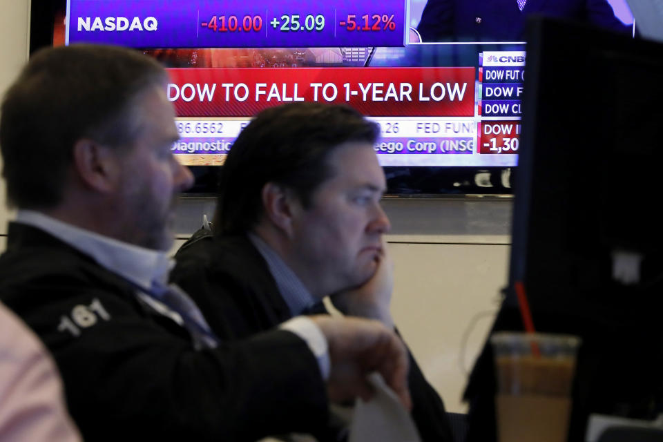 A television screen headlines news as traders prepare for the day's activity on the floor of the New York Stock Exchange, Monday, March 9, 2020. Trading in Wall Street futures has been halted after they fell by more than the daily limit of 5%. (AP Photo/Richard Drew)