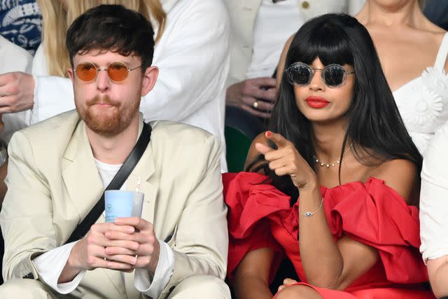 <p>Karwai Tang/WireImage</p> James Blake and Jameela Jamil at Wimbledon