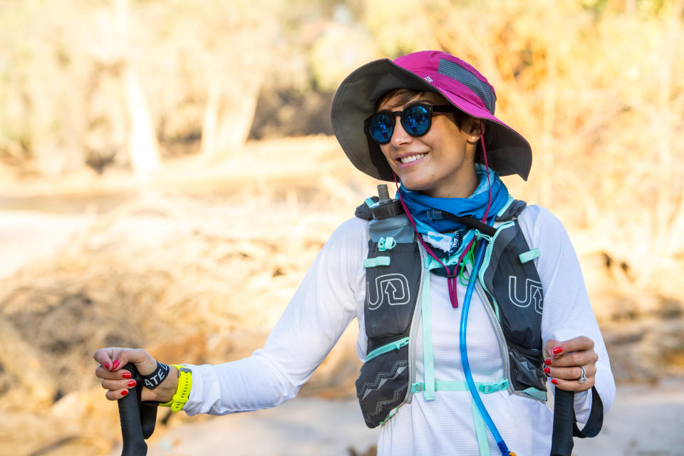 NAMIB DESERT, NAMIBIA - FEBRUARY 25:  Frankie Bridge smiles as she continues the journey with the other celebrities during day 2 of the 'Sport Relief Challenge: The Heat is On' on February 25, 2020 in the Namib Desert, Namibia. They are teaming up for Sport Relief to take on a 100-mile desert expedition over four days to traverse the Namib desert in Namibia, Africa by foot and bike to reach a shipwreck on the notorious skeleton Coast. (Photo by Leo Francis/Comic Relief via Getty Images)