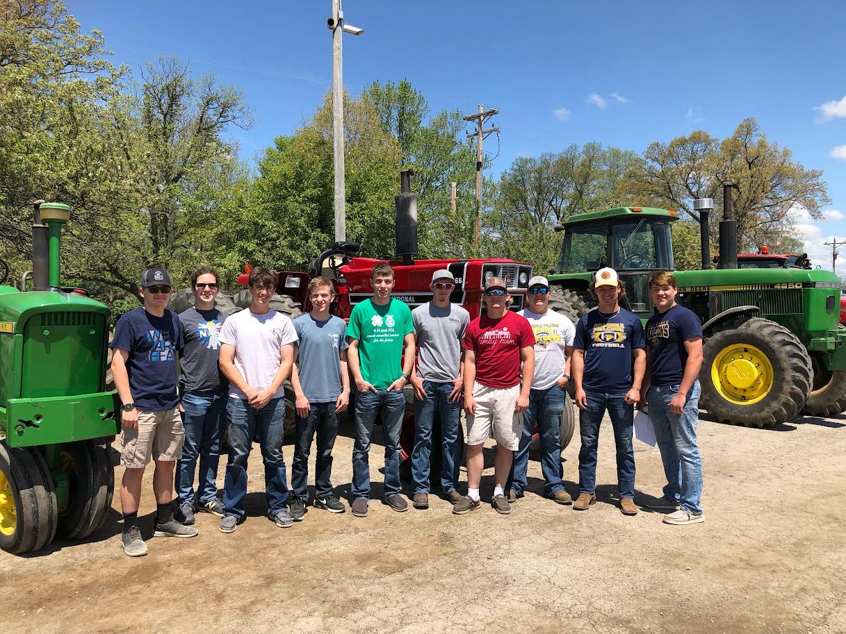 Hillsdale High School students who participated in the school's annual Drive Your Tractor to School Day on May 13 were, from left, Braydon Rakovec, Gabe Murawski, Owen Hoffman, James Bradford, Jackson Bradford, Riley Twining, Mark Abel, Gage Madsen, Ethan Goodwin and Jax Rogers