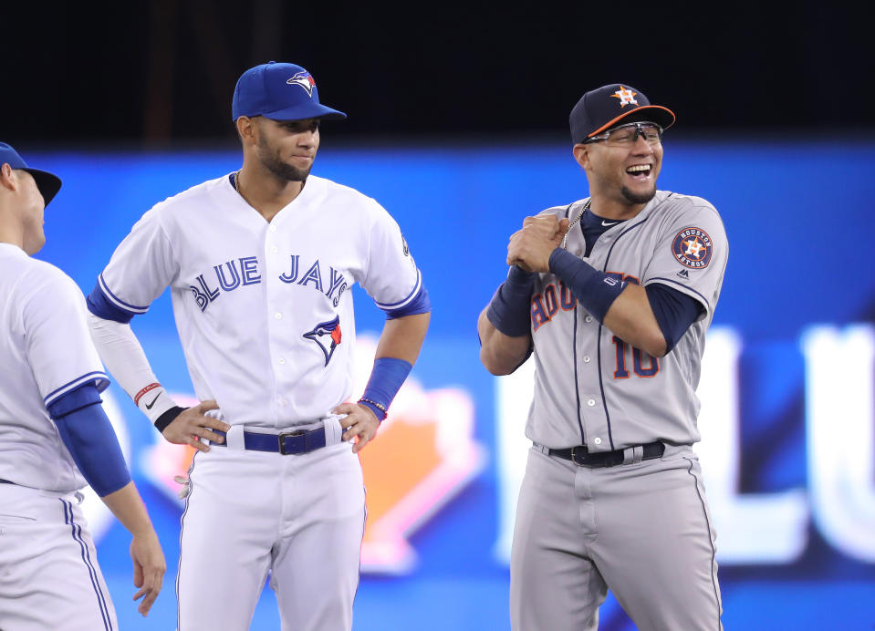 由左至右分別為弟弟Lourdes Gurriel Jr與哥哥Yuli Gurriel（兩人現分別效力於亞利桑那響尾蛇與邁阿密馬林魚）。（MLB Photo by Tom Szczerbowski/Getty Images）