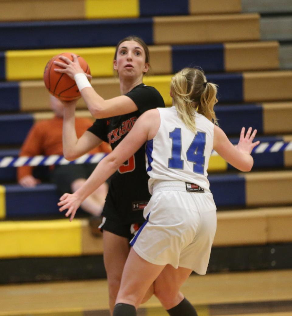 Tuckahoe's Ava Rogliano lines up a shot as she's covered by Millbrook's Serafina Fauci during the New York State Class C regional final on March 7, 2024.