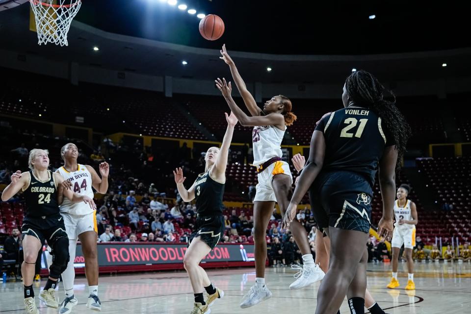 Jalyn Brown (23) of the ASU Sun Devils shoots during a game against the University of Colorado Boulder at Desert Financial Arena on Jan. 7, 2024, in Tempe.