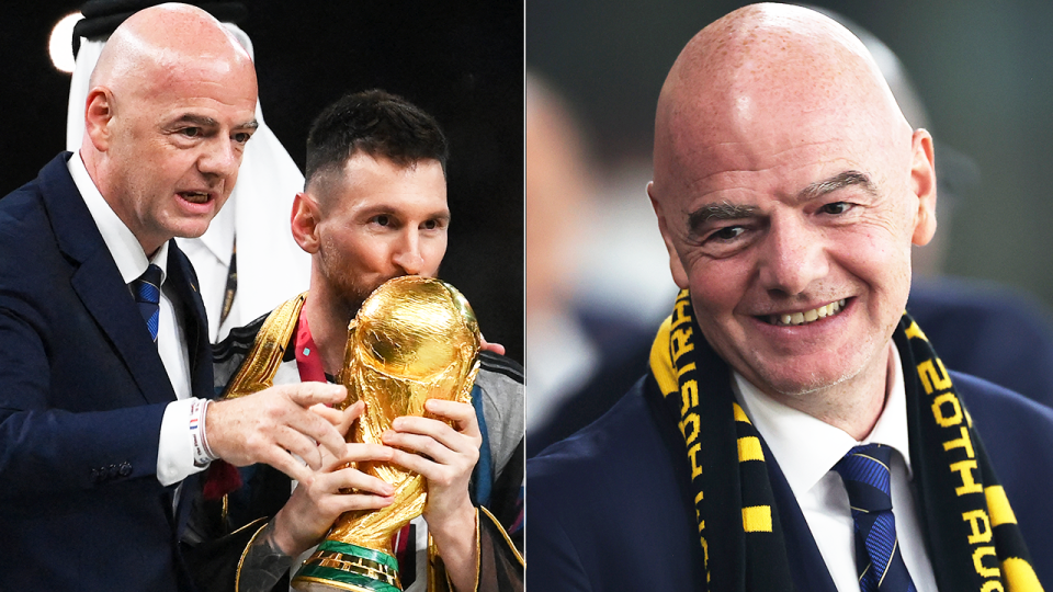 FIFA president Gianni Infantino poses with Lionel Messi at the FIFA World Cup.