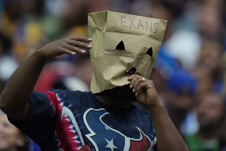 A Houston Texans fan wears a bag over his head.