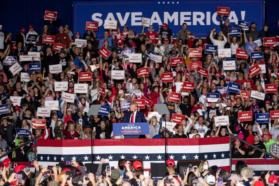 Former President Donald Trump speaks during a Save America rally at the Michigan Stars Sports Center in Washington Township on April 2, 2022.