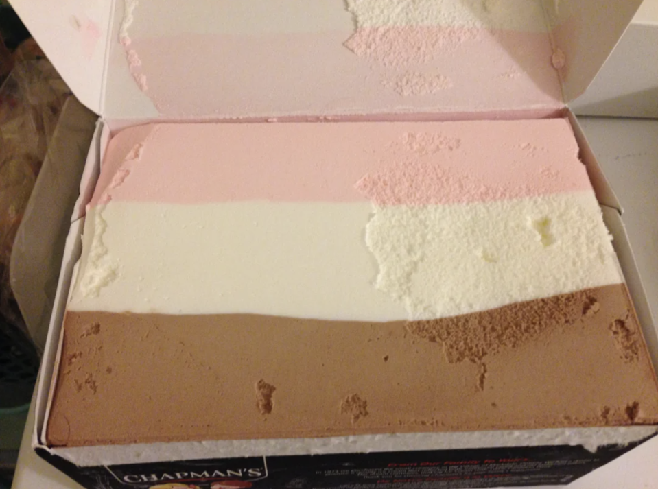 Retro square "Neapolitan" ice cream box with three flavors: strawberry, vanilla, and chocolate