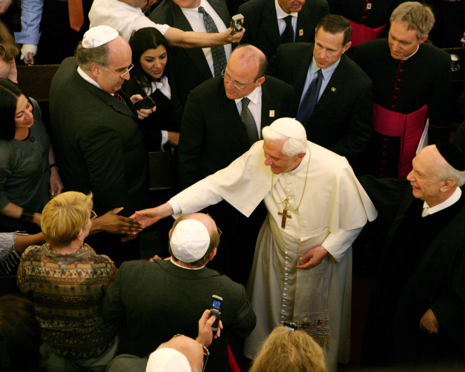 Pope Benedict XVI shakes hands  during his visit to Park East Synagogue in New York on April 19, 2008.  (Enid Alvarez / NY Daily News via Getty Images)