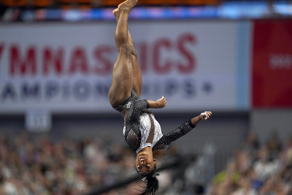 <p>Simone Biles competes on the vault during the U.S. Gymnastics Championships on June 6, 2021, in Fort Worth, Texas. </p>