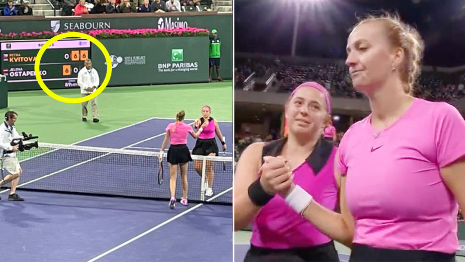 Petra Kvitova and Jelena Ostapenko shake hands at Indian Wells.