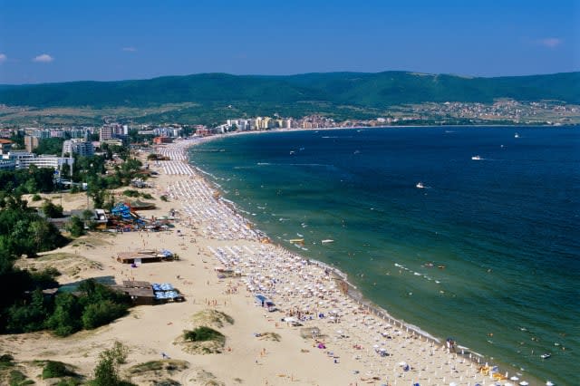 Aerial view over beach, Sunny Beach, Black Sea coast, Bulgaria, Europe