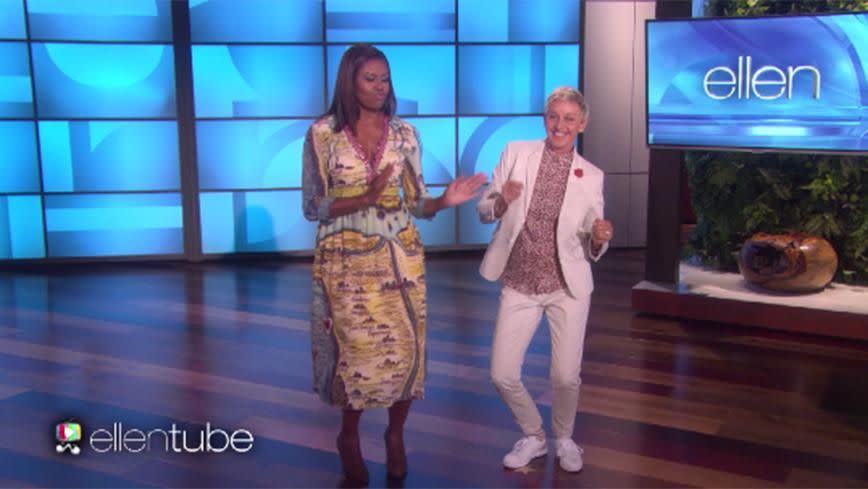 Michelle Obama and Ellen DeGeneres dancing. Source: EllenTube