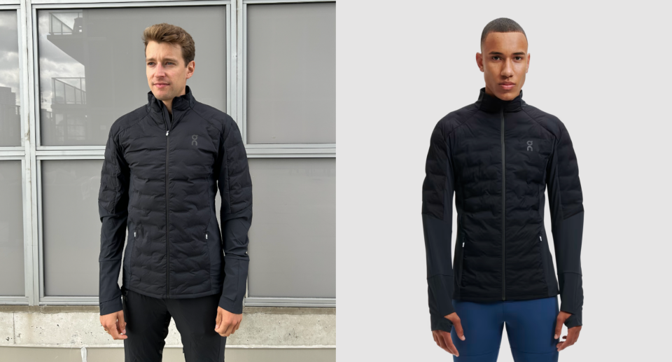 split screen of two men wearing black ON Climate Jacket 