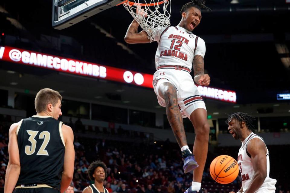 South Carolina guard Zachary Davis (12) plays Wofford at Colonial Life Arena on Wednesday, November 1, 2023.