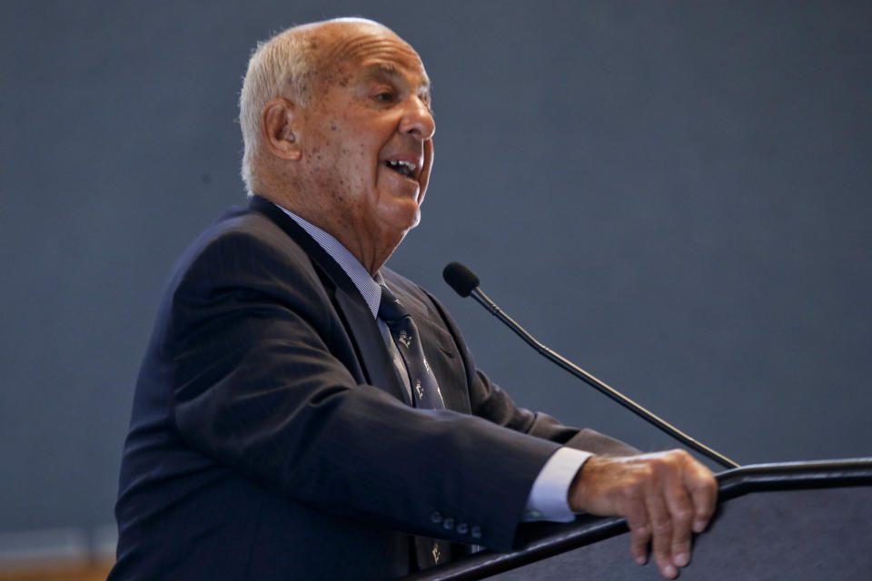 FILE - Pathologist and former Allegheny County Coroner Dr. Cyril Wecht speaks during the swearing in ceremony for Pennsylvania Supreme Court Justice and his son, David N. Wecht, Jan. 7, 2016, at Duquesne University in Pittsburgh. Wecht, a pathologist and attorney whose biting cynicism and controversial positions on high-profile deaths such as President John Kennedy’s 1963 assassination caught the attention of prosecutors and TV viewers alike, died Monday, May 13, 2024. He was 93. (AP Photo/Keith Srakocic, File)