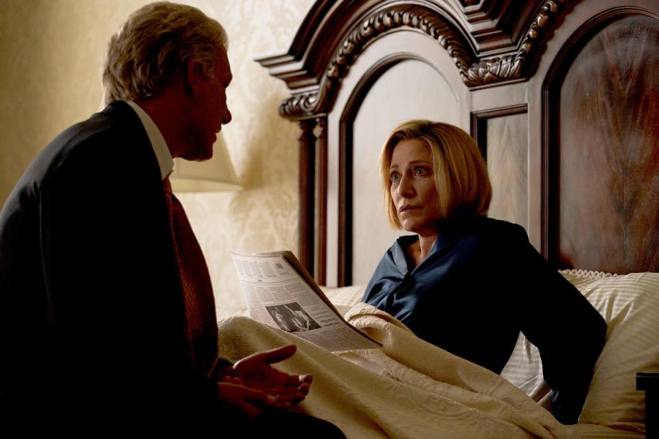 Bill Clinton (Clive Owen, left) tells his wife, Hillary (Edie Falco), about cheating allegations against him in "Impeachment: American Crime Story."