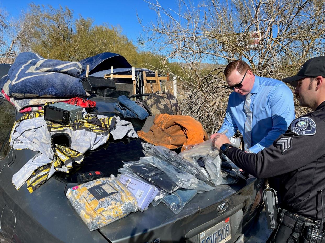 A trio of Barstow men allegedly burglarized a BNSF Railway Co. train car and were arrested as they attempted to flee the scene Jan. 26, 2023.