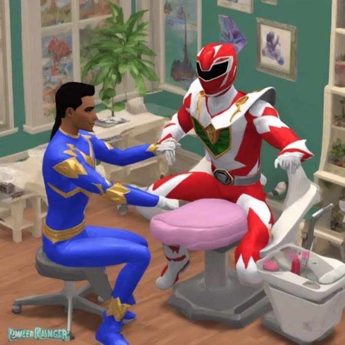 Blue Ranger sitting with Red Ranger in a dentist's office, both from Power Rangers